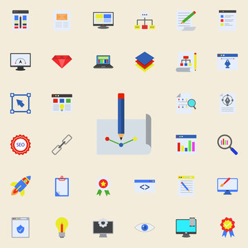 drawing attributes colored icon. Programming sticker icons universal set for web and mobile