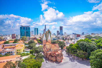 Aerial view of Notre-Dame Cathedral Basilica of Saigon - obrazy, fototapety, plakaty