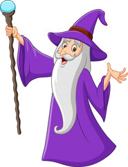 Cartoon old wizard holding magic stick