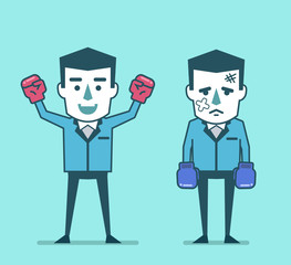 Businessman with boxing gloves celebrating victory, beaten, sad. Business rivalry, competition concept. Simple style vector illustration
