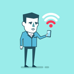 Sad businessman with smartphone has slow internet connection. Bad, weak internet connectivity. Simple style vector illustration