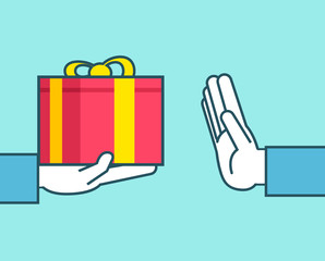 Hand gives gift box, shows stop gesture. Expensive present, decline gift, stop corruption concept. Simple style vector illustration