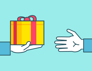 Hand gives gift box. Accept present. Christmas holiday, birthday celebration. Simple style vector illustration