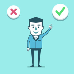Cheerful businessman points to accept, approve check mark. To accept the offer, web poll. Simple style vector illustration