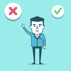 Businessman points to decline check mark. To reject the offer, web poll. Simple style vector illustration