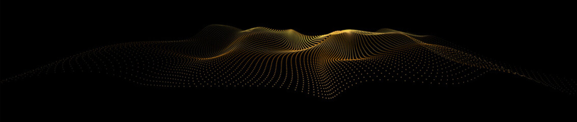 Golden sea shine. Particles wave from nodes. 3d sea flow dark array. Vector abstract background. Stream by glowing dots.