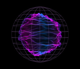 Dynamic particles wave from nodes. 3d sea flow dark array. Vector abstract globe background. Stream by glowing dots.