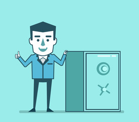 Confident businessman stands near safe and shows thumb up. Savings under security concept. Simple style vector illustration