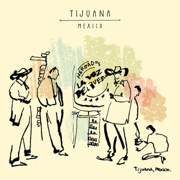 Tijuana, Mexico. Street musicians and a shoe polisher. Travel vntage hand drawn postcard