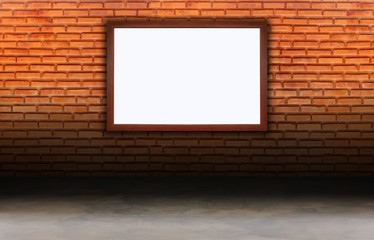White billboard or advertise with oak frame on red brick wall with concrete floor