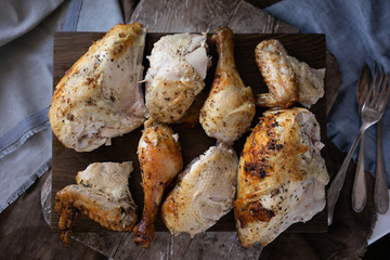 Canonical portions of chicken on a wooden stand