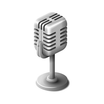 Isometric realistic silver retro microphone isolated