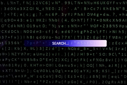 On screen of pc monitor with chaotic set of computer green symbols and blue progress bar with word search. Front view