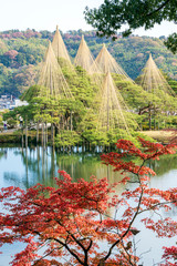 秋の金沢旅行　紅葉の兼六園　霞ヶ池と唐崎松