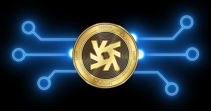 Lambda (LAMB) cryptocurrency coin with glowing blockchain transaction schematic