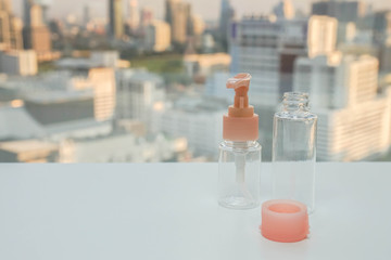 selective focus travel set of plastic container with pump for women liquid cosmetics and beauty cream