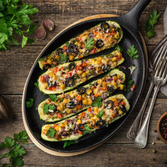 Stuffed zucchini boats with vegetables ( tomato, pepper, corn, red onion and olives) and cheese in cast iron pan