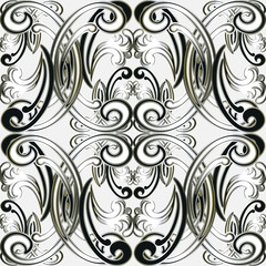 Baroque vector seamless pattern. Damask ornamental background. Repeat floral black and white backdrop. Luxury line art flowers, scroll leaves. Vintage baroque tiled ornament in antique Victorian style