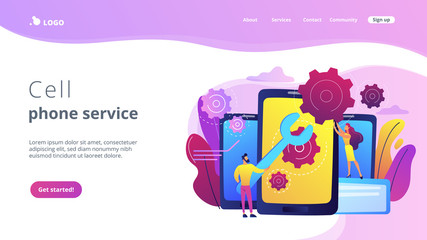 Service technicians with big wrench repairing smartphone screen with gears. Smartphone repair, cell phone service, same day repair concept. Website vibrant violet landing web page template.