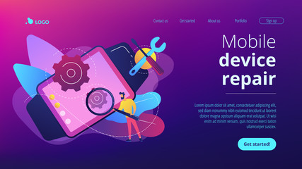 Technician with magnifier repairing smartwatch, wrench and scewdriver. Mobile device repair, tablet service and setup, smartwatch repair cooncept. Website vibrant violet landing web page template.