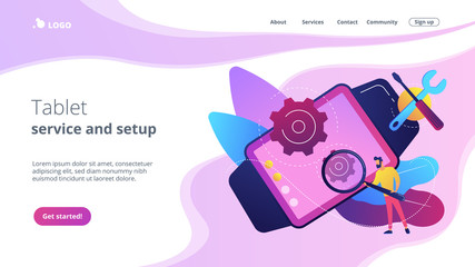 Technician with magnifier repairing smartwatch, wrench and scewdriver. Mobile device repair, tablet service and setup, smartwatch repair cooncept. Website vibrant violet landing web page template.