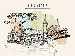 Singapore vintage hand drawn travel postcard