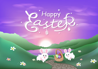 Happy Easter, rabbit and egg in basket, sunset, spring season calligraphy, cute cartoon purple, pink, pastel abstract background vector illustration