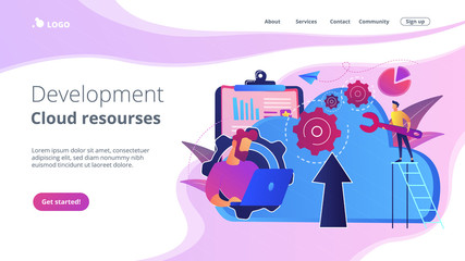 Developer working on laptop with cloud data. Computing applications, developing cloud system, cloud resourses solving business problems concept, violet palette. Website landing web page template.