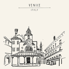 Fototapeta premium Kościół San Giacomo w Wenecji, Włochy. Ręcznie rysowane pocztówka