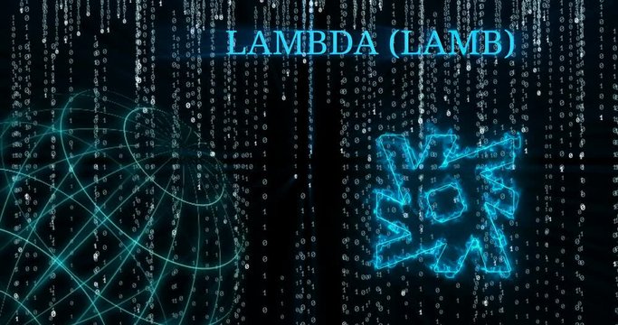 Glowing Lambda (LAMB) symbol against falling binary code symbols