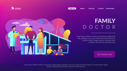 Obraz premium Family phisician with husband, pregnant wife and playing children. Family doctor, medical family practice, primary healthcare care concept. Website vibrant violet landing web page template.
