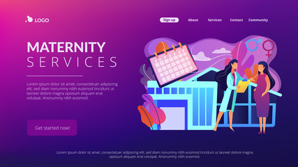 Doctor provides health services to pregnant woman and during labour. Maternity services, maternal perinatal health, pregnancy and birth care concept. Website vibrant violet landing web page template.