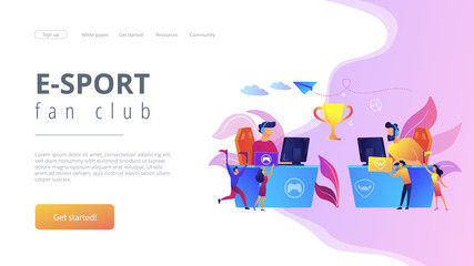 Naklejka premium Two cyber sport players at computers competing for a trophy and fans cheering with flags. E-sport fans, computer game fan, e-sport fan club concept. Website vibrant violet landing web page template.