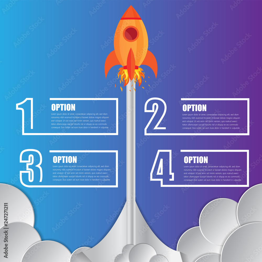 Poster infographics design template rocket or spaceship launches through the clouds with icons flying up 4 