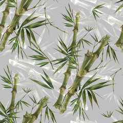 Fototapeta premium Watercolor illustration of bamboo leaves , seamless pattern on gray background