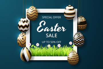 Happy easter sale background template with realistic golden shine decorated eggs and grass. greeting card, ad, promotion, poster, flyer, web-banner, article. Vector illustration