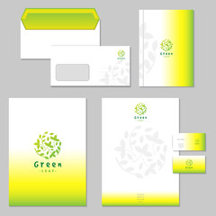 Business identity set vector illustration. Green presentation templates elements. Use in Presentation, flyer and leaflet, corporate report, envelope, advertising, annual report, business card.