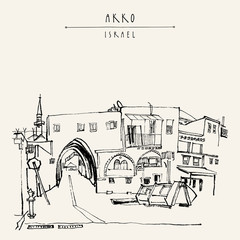 Akko, Israel. Grungy brush ink hand drawing . Vintage travel postcard template with a hand lettered title