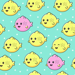 kawaii childish vector seamless pattern with cute fishes