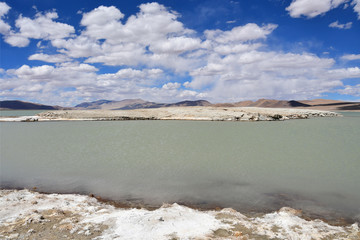 Strongly saline lake Ruldan (Nak) near the village of Yakra in Tibet in cloudy weather, China