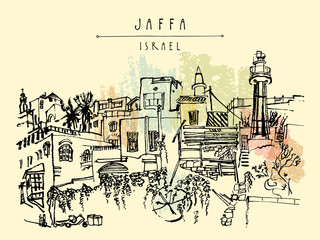 Vector illustration of Jaffa (Yafo), Tel Aviv, Israel. Grungy black ink brush  drawing with lighthouse, houses and trees. Postcard or poster