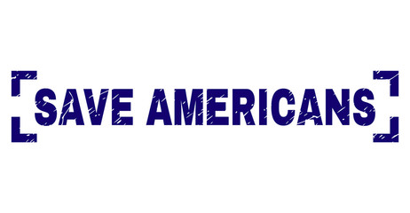 SAVE AMERICANS title seal print with grunge texture. Text title is placed inside corners. Blue vector rubber print of SAVE AMERICANS with grunge texture.