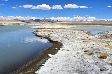 Strongly saline lake Ruldan (Nak) near the village of Yakra in Tibet, China