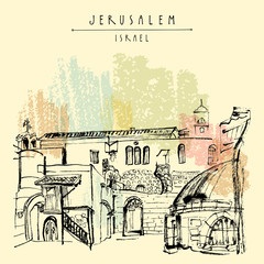 Jerusalem, Israel. Handmade brush ink drawing. Postcard or poster template. Book illustration. Freehand travel sketch