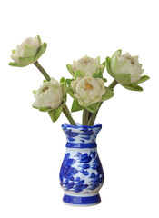The white lotus flower folds the petals in the vase for worship the Buddha image/statue isolated on a white background with clipping path.