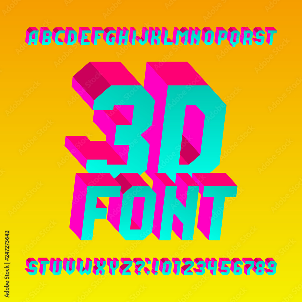 Fototapete 3d isometric alphabet font. 3d effect bright letters and numbers. stock vector typescript for your d