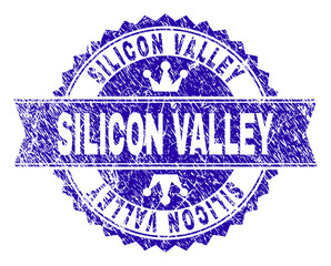 SILICON VALLEY rosette stamp seal watermark with grunge texture. Designed with round rosette, ribbon and small crowns. Blue vector rubber watermark of SILICON VALLEY label with grunge texture.