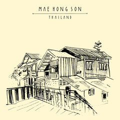 Mae Hong Son, Thailand. Hand drawn artistic vintage postcard