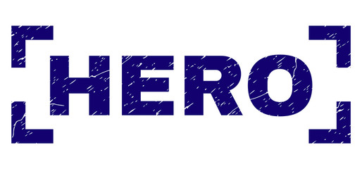 HERO text seal print with corroded style. Text tag is placed inside corners. Blue vector rubber print of HERO with dirty texture.