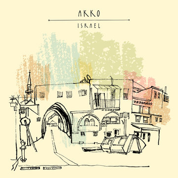 Akko, Israel. Grungy brush ink hand drawing . Vintage travel postcard template with a hand lettered title